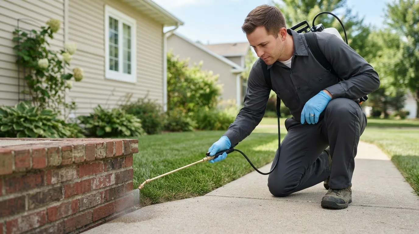 Pest control technician treating a home near Onward, IN