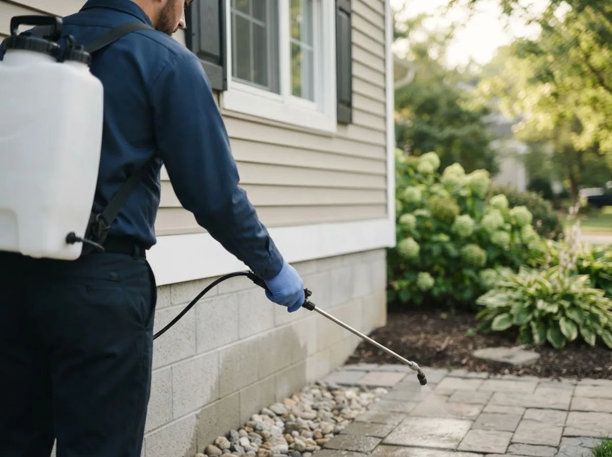 Pest control technician inspecting a home in Onward, IN
